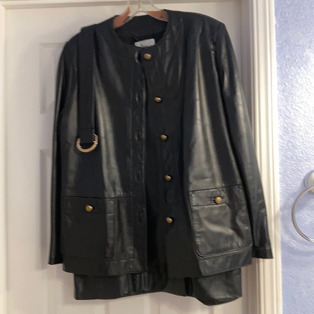 Black leather jacket and skirt
